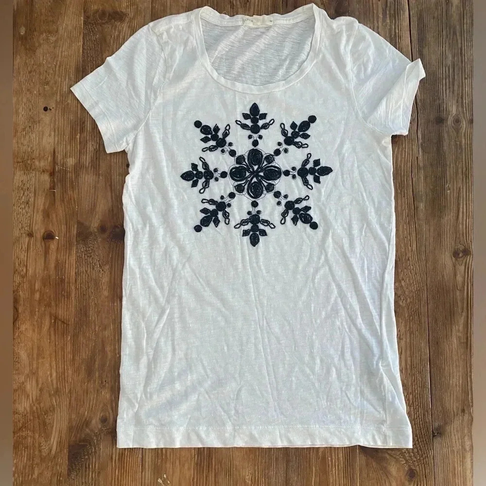 J Crew Women’s White W/Black Beaded Snowflake Soft 100% Cotton T-Shirt Small New